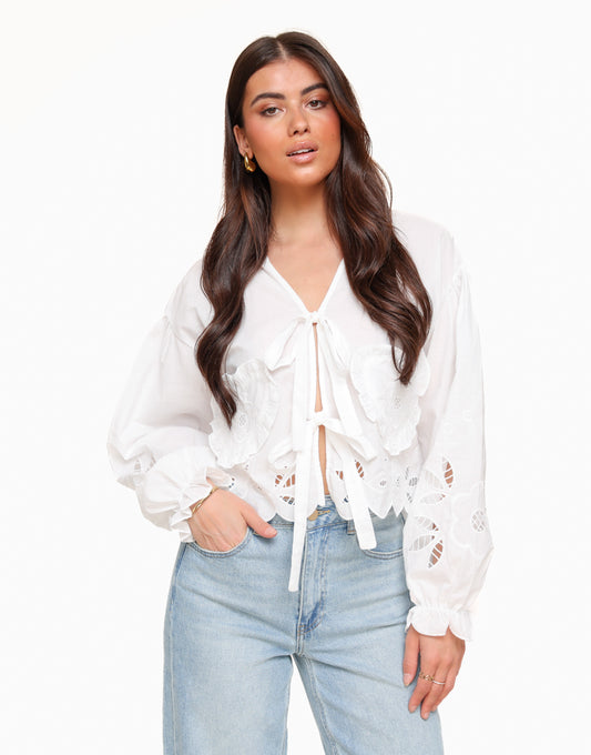 White Flowers Bow Tied LS - Blouse