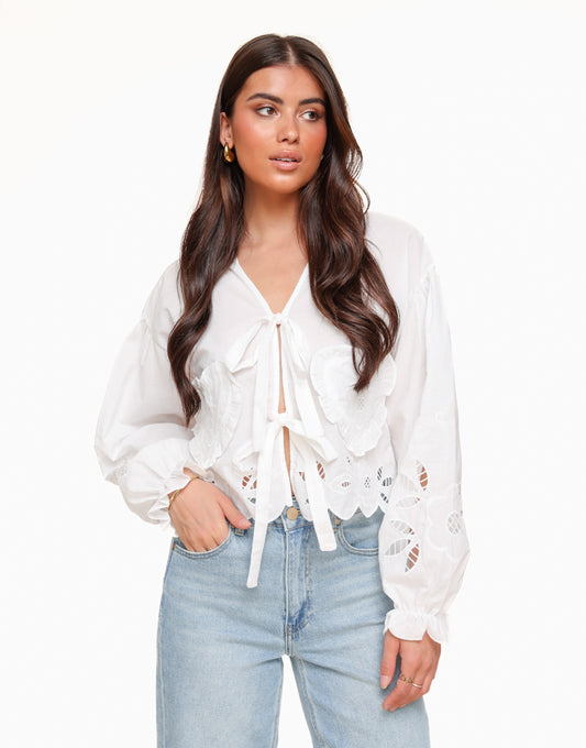 White Flowers Bow Tied LS - Blouse