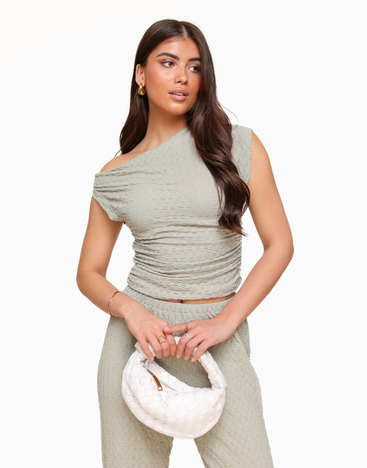 Army Green Textured Off Shoulder - Top