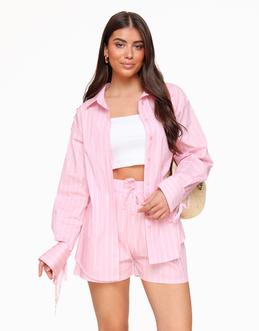 Light Pink Striped Bow Ties Sleeves - Blouse