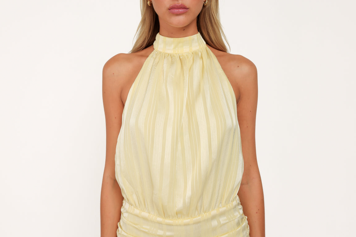 Lichtgele Gestreepte Halter Ruffel - Jurk