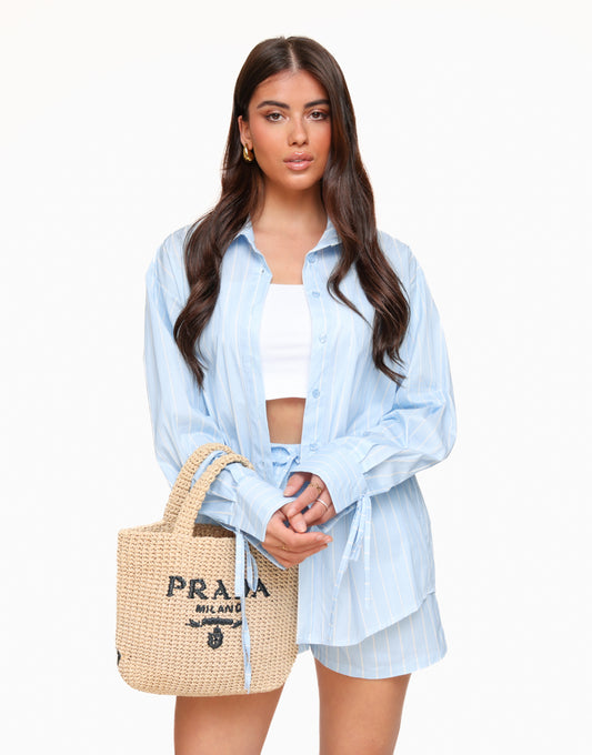 Light Blue Striped Bow Ties Sleeves - Blouse