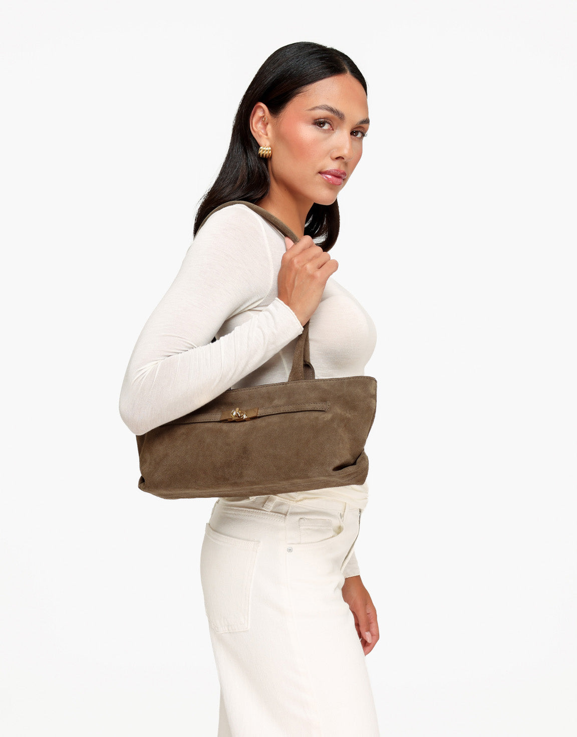 Taupe Langwerpige Suede Hand -Tas