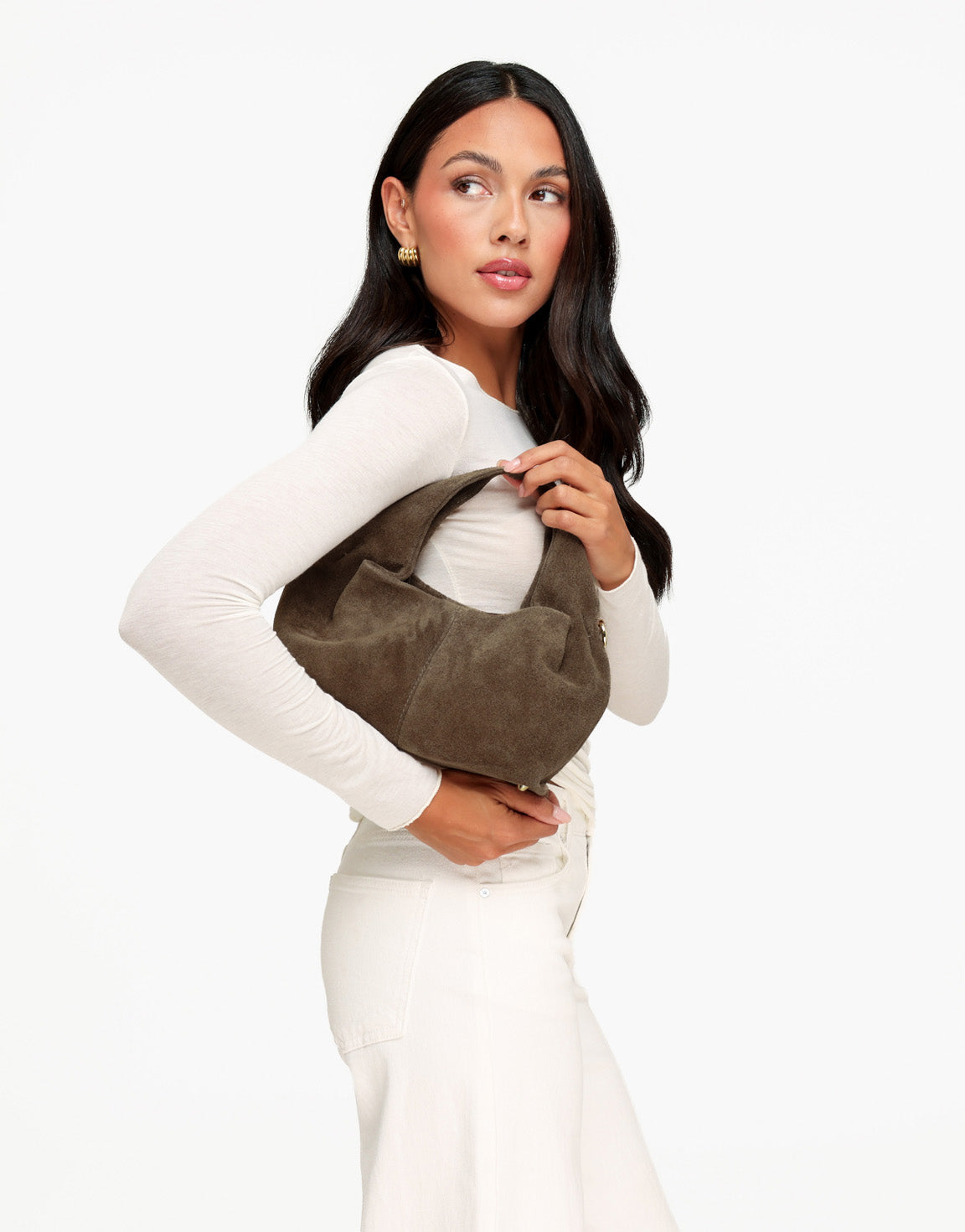 Taupe Suede Ronde Schouder - Tas