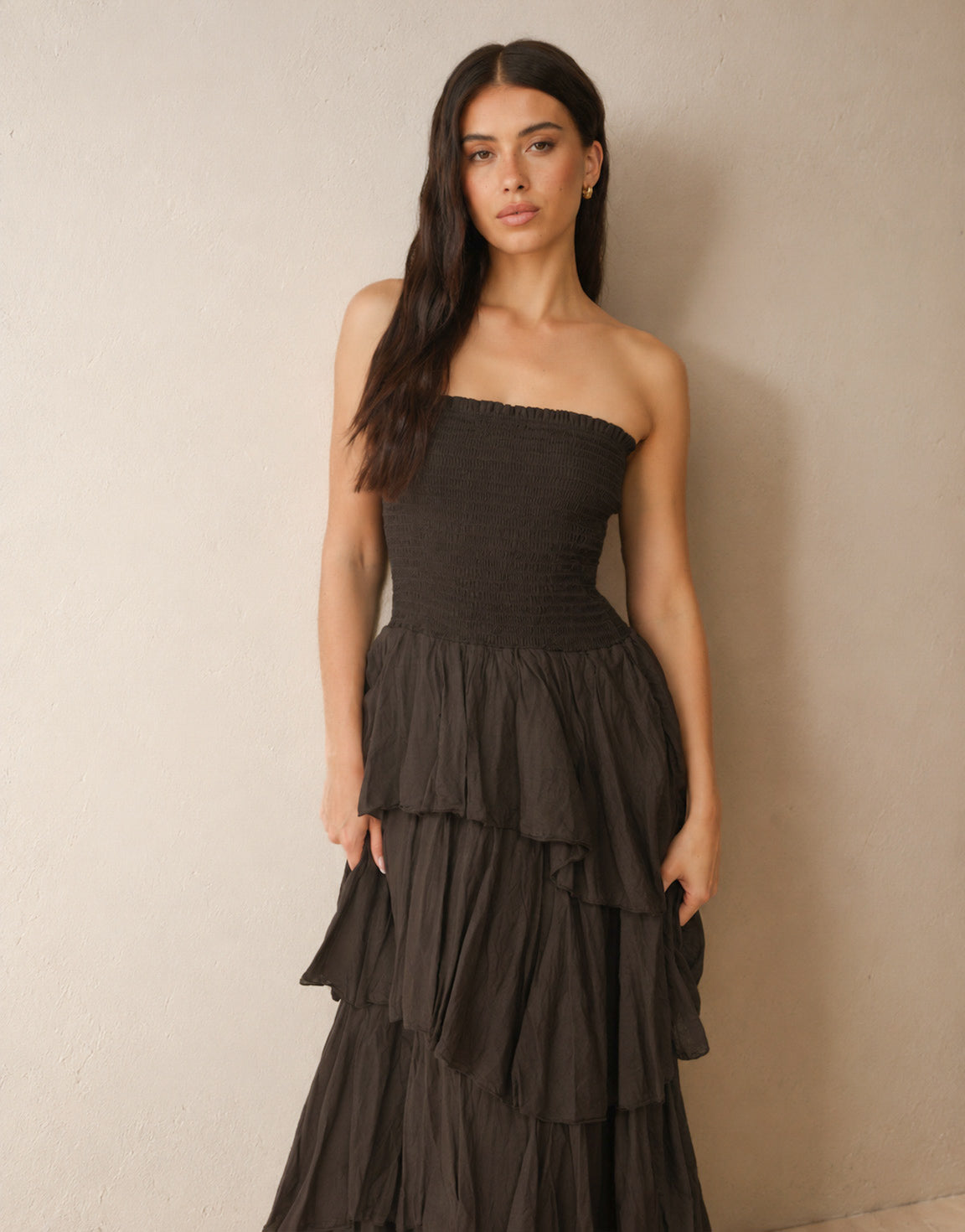 Donkerbruine Strapless Lange Maxi Ruffel - Jurk