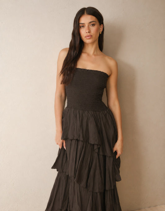 Donkerbruine Strapless Lange Maxi Ruffel - Jurk