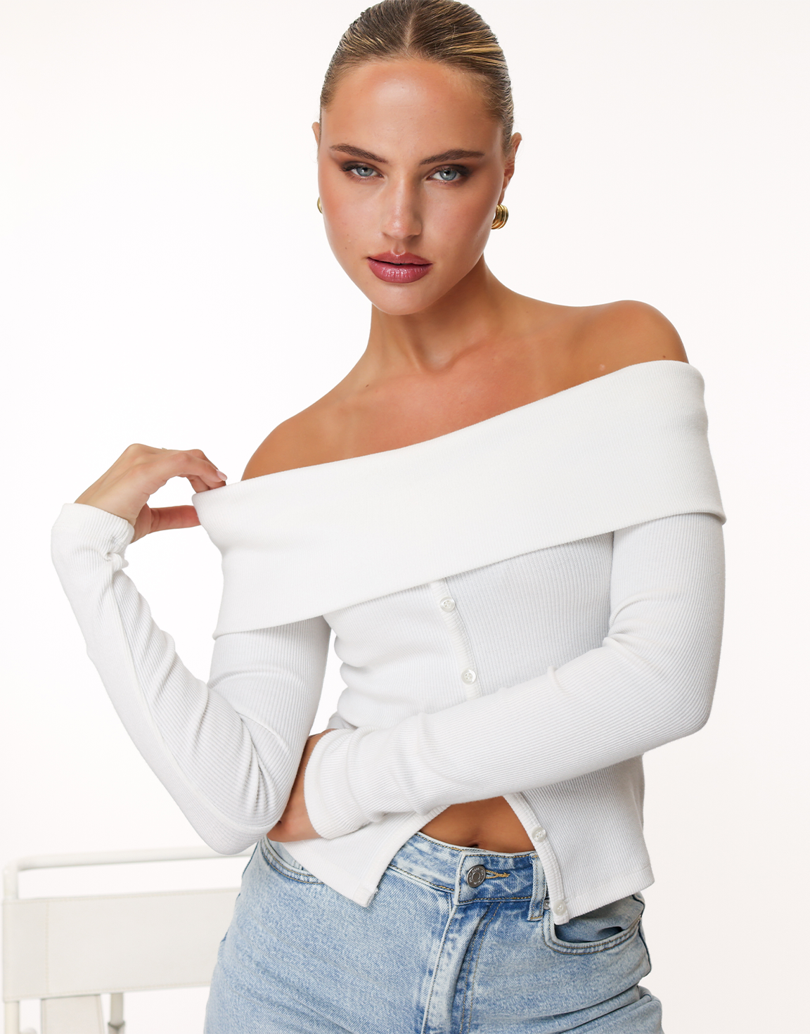 White Off Shoulder Buttons LS - Top