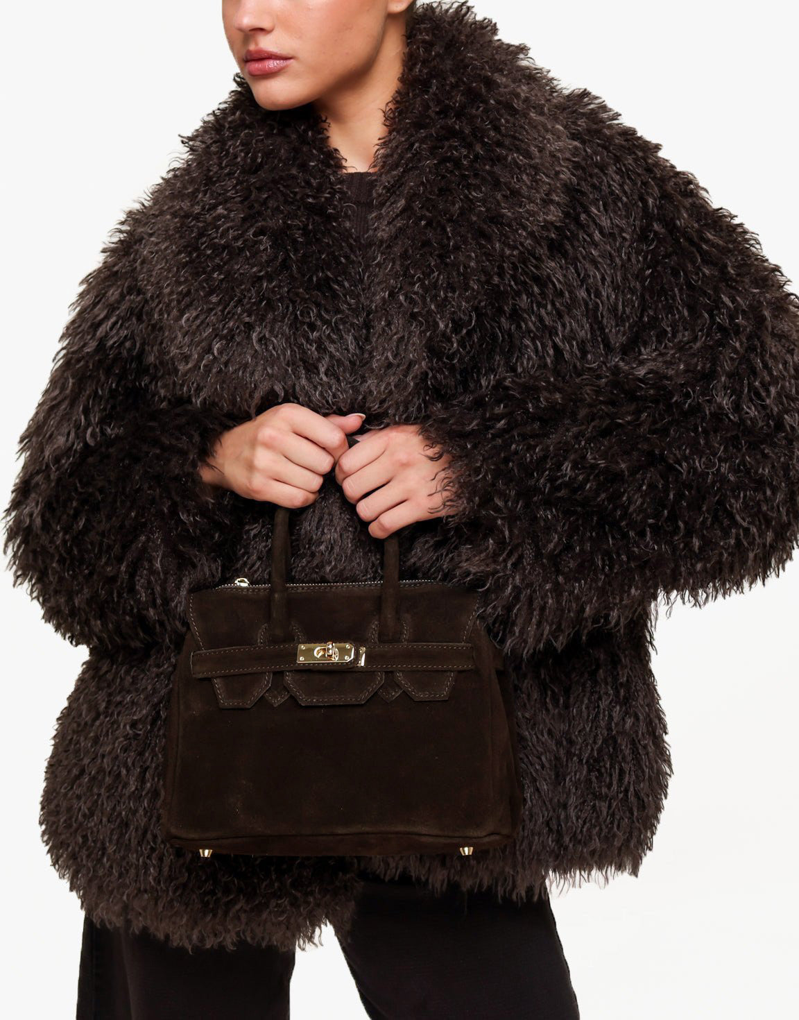 Donkerbruine Middel Suede Gouden Detail - Tas