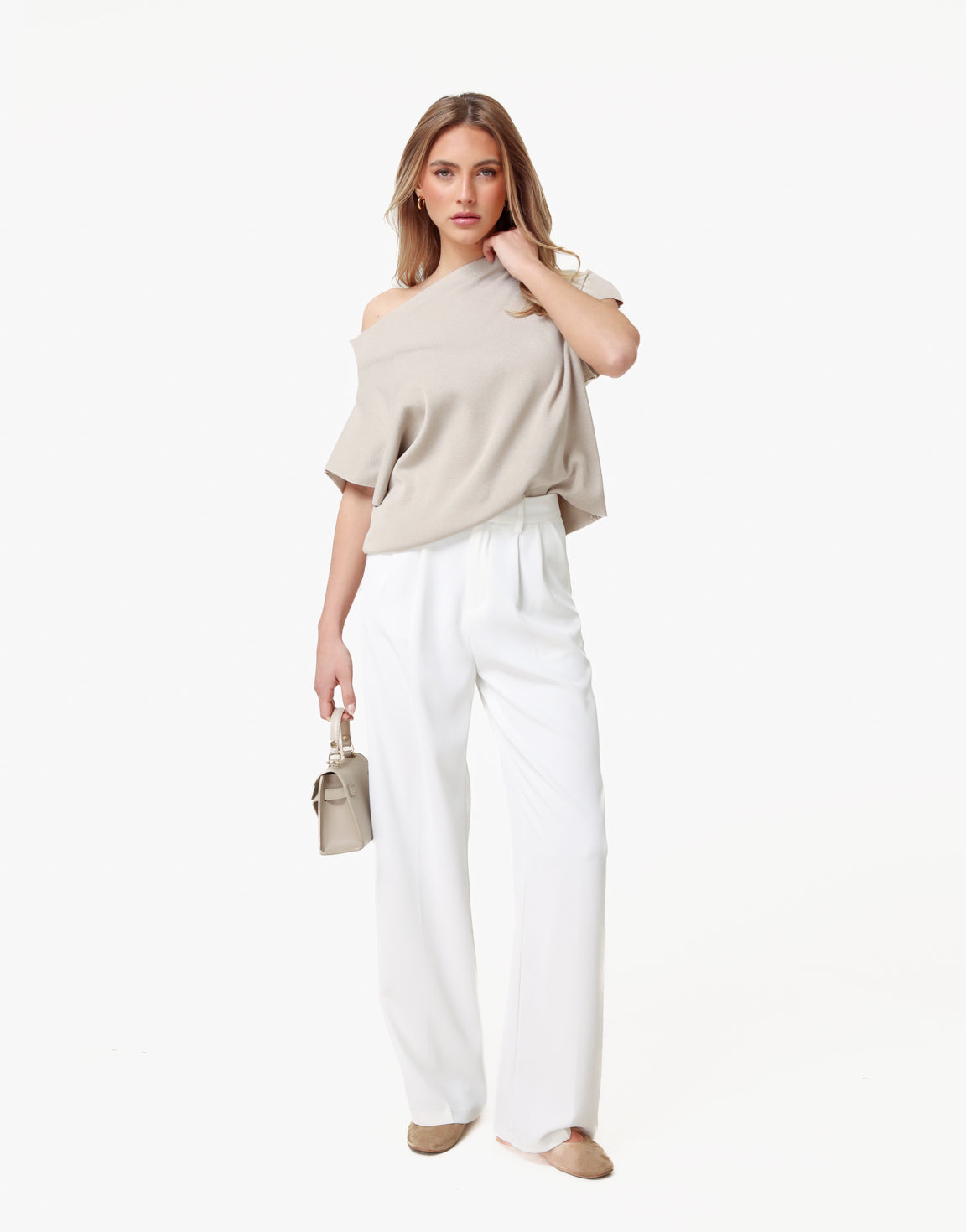Beige Knitted One Shoulder - Top
