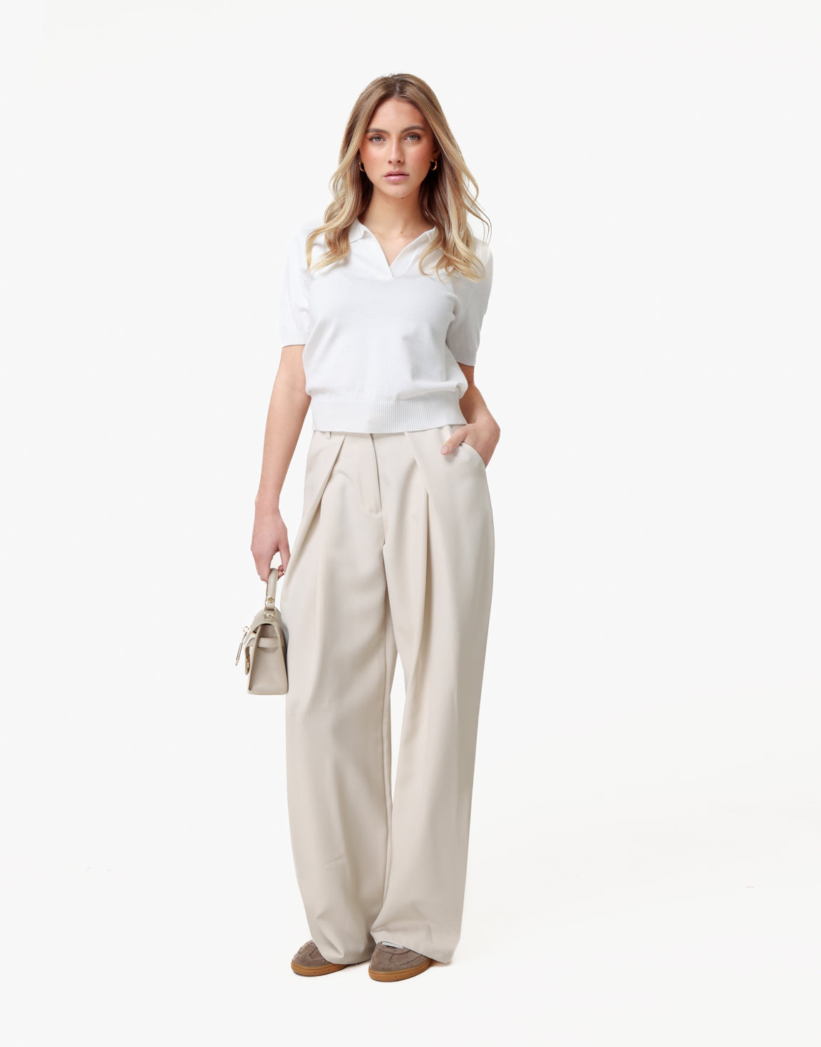 White Knitted SS Polo - Top