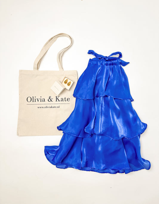 Blauwe Satijnen Jurk - Gouden Drop Oorbellen - Canvas Tas - Deal