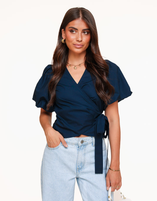 Navy Blue Short Puff Sleeves Wrap - Top