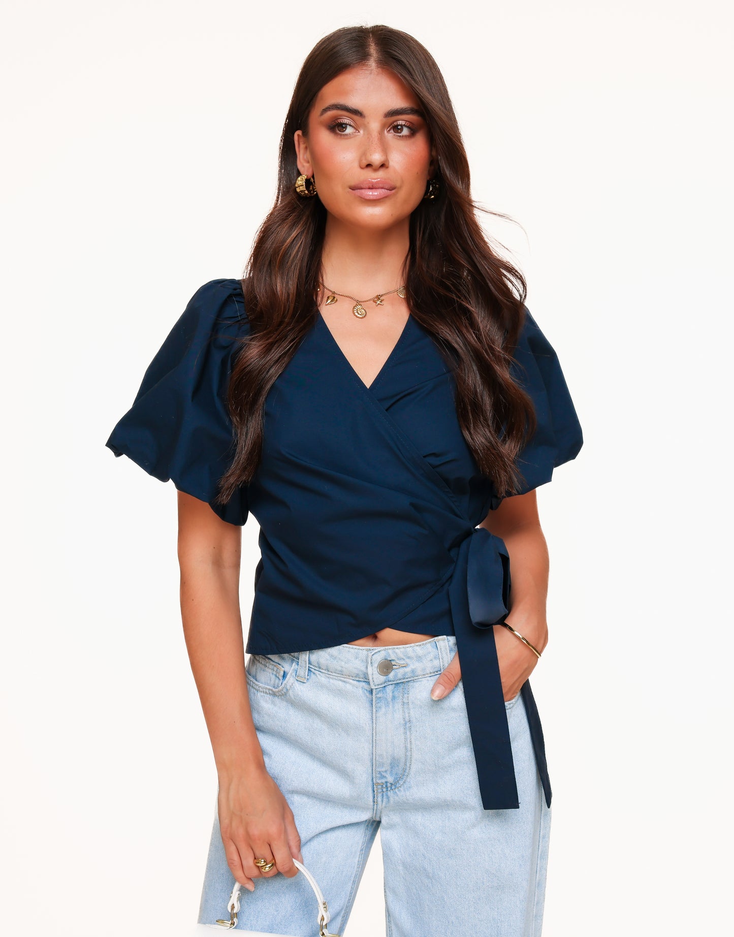 Navy Blue Short Puff Sleeves Wrap - Top