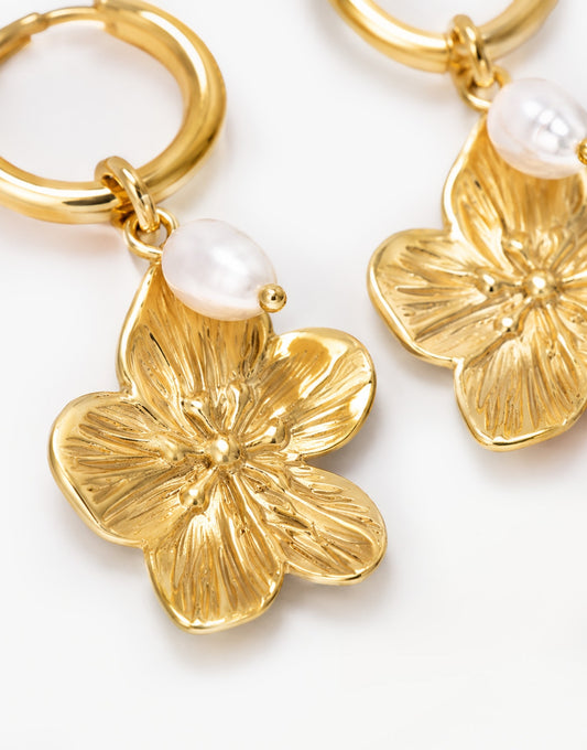 Gouden Bloemen Hanger Parel - Oorbellen