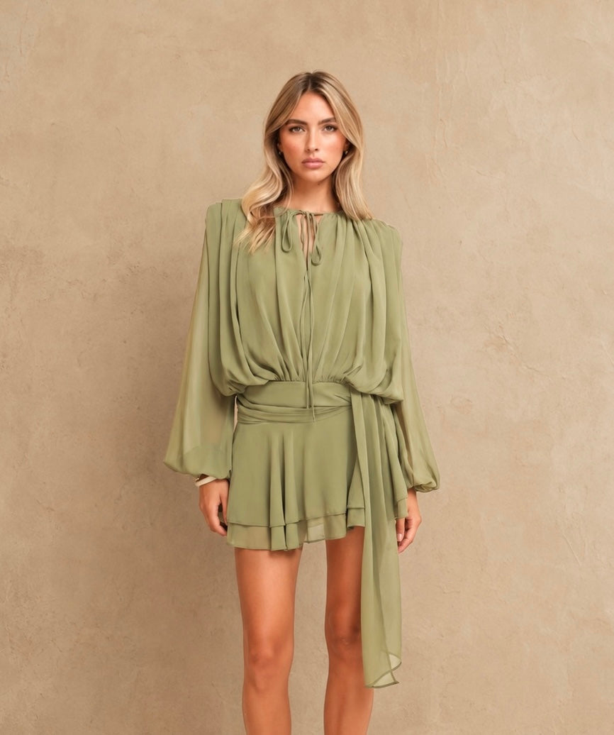 Khaki Gedrapeerde LS - Jurk