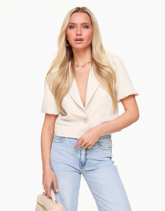 Beige Cropped Puff Sleeves - Blazer