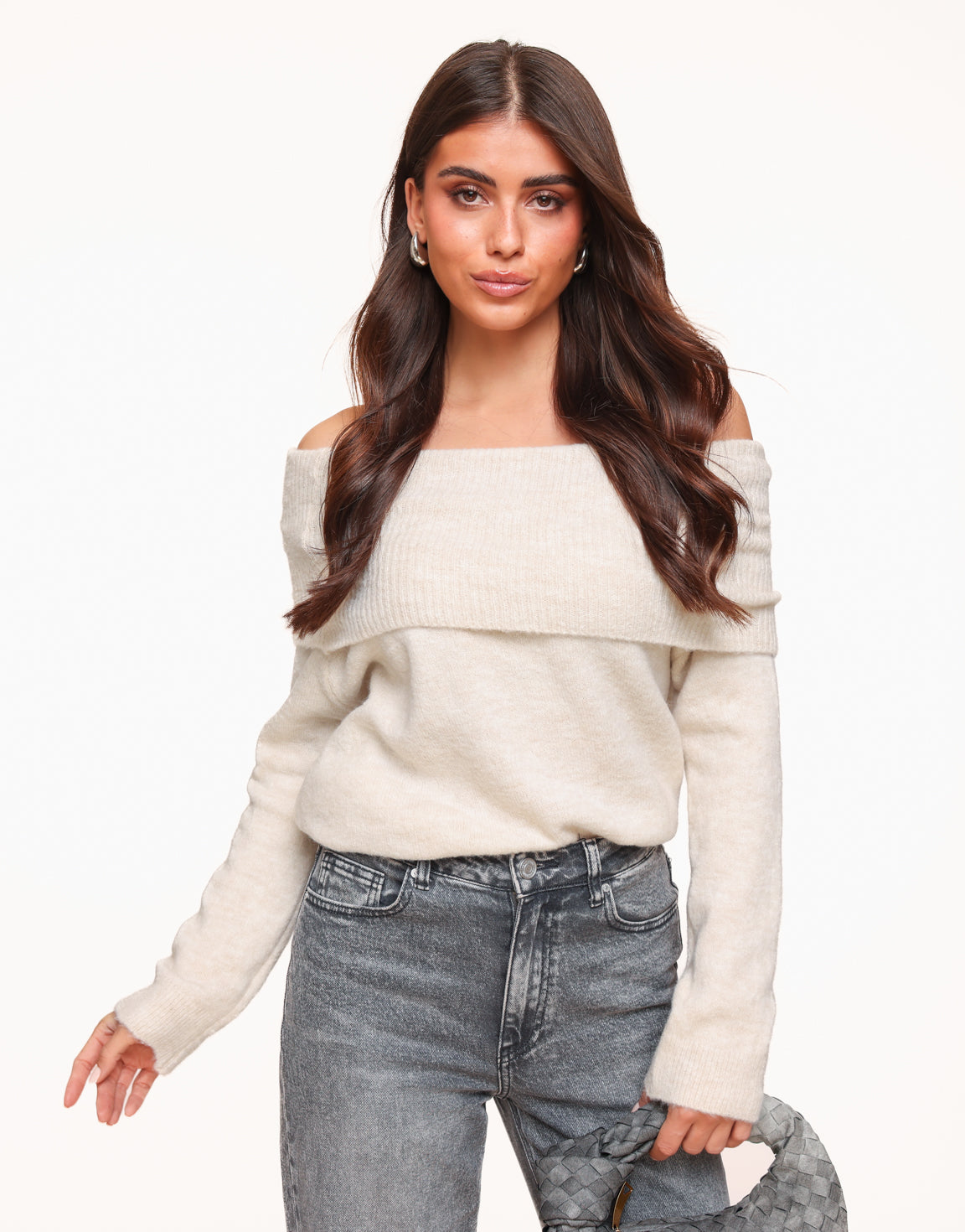 Beige Knitted Off Shoulder - Sweater