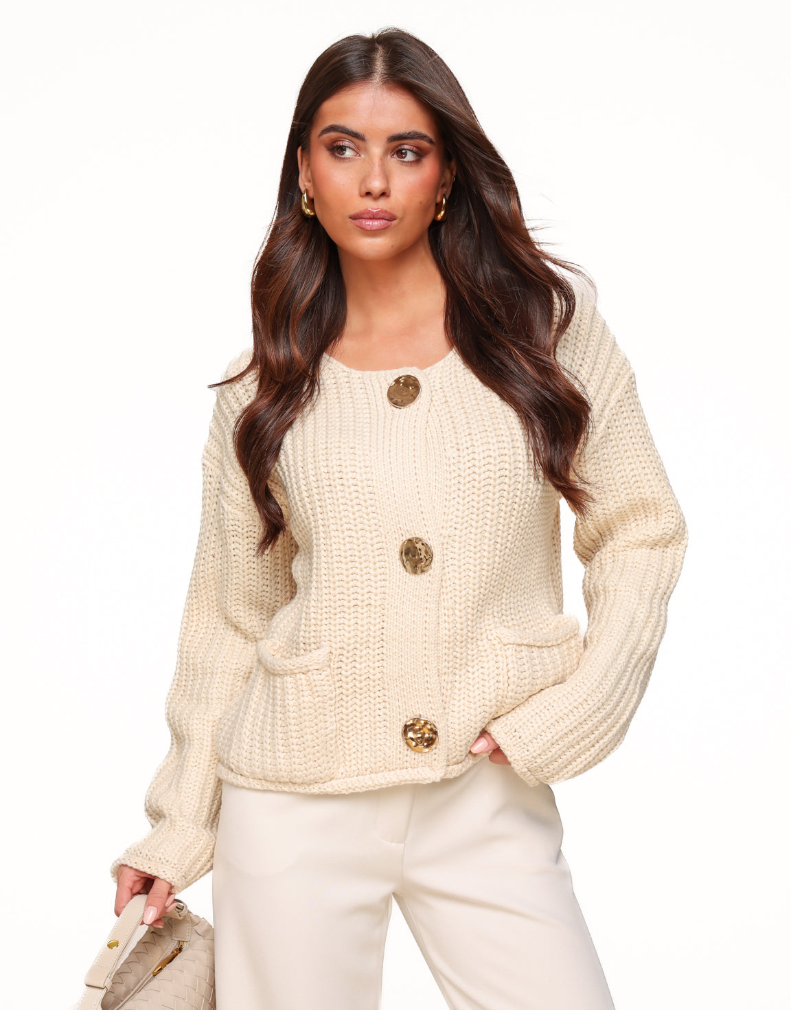 Beige Solid Knitted - Cardigan