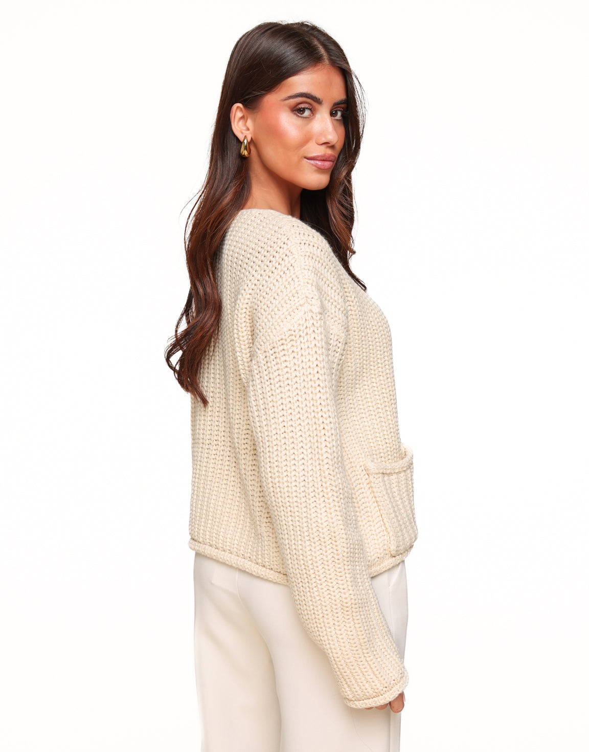 Beige Solid Knitted - Cardigan