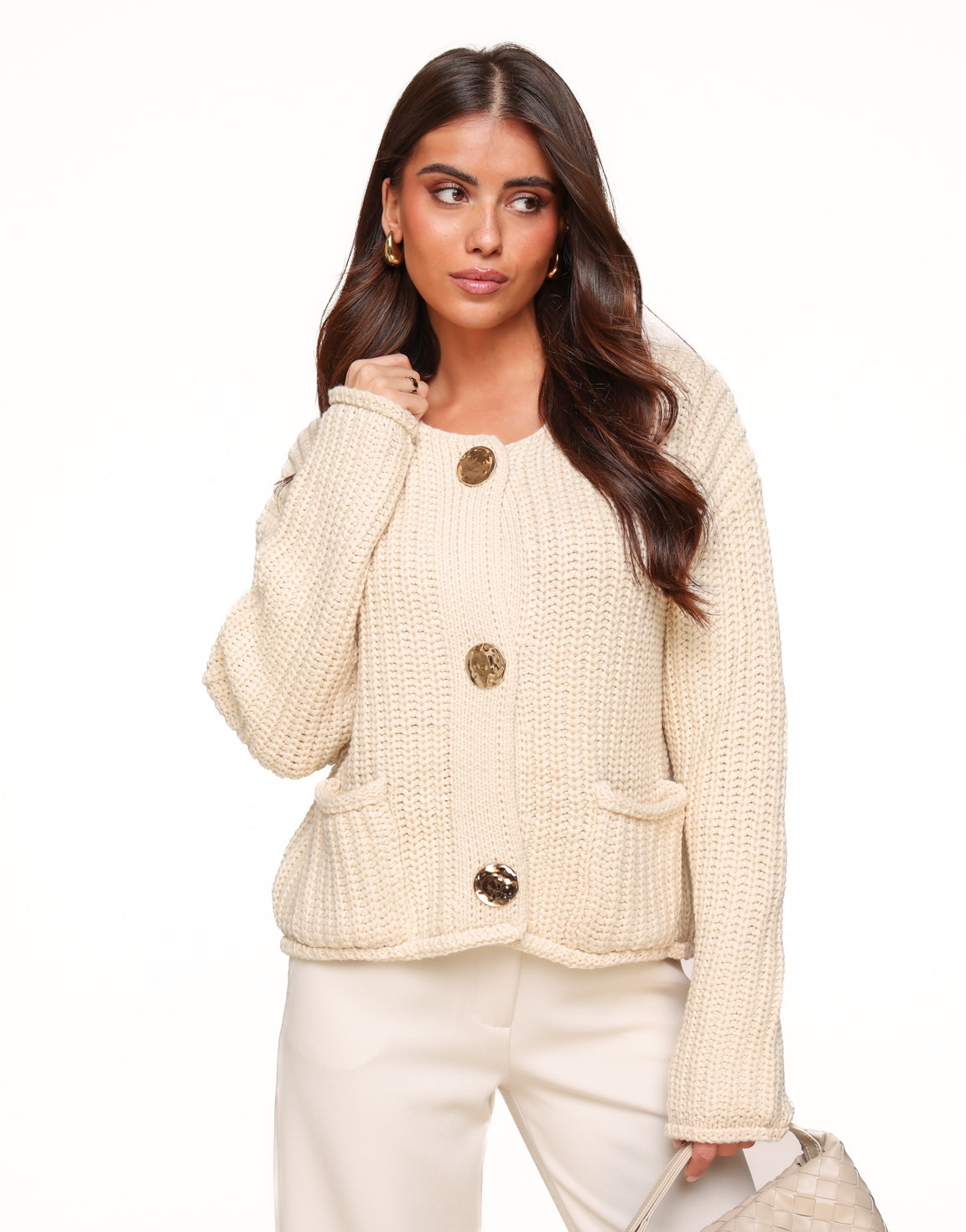 Beige Solid Knitted - Cardigan