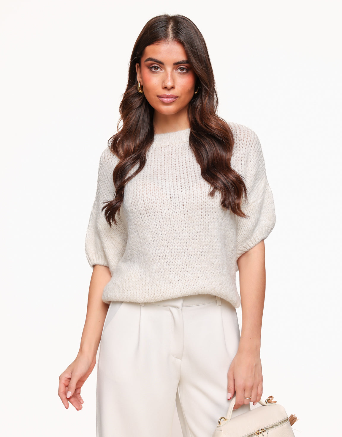 Creme Knitted Wool 3/4 Sleeve - Sweater