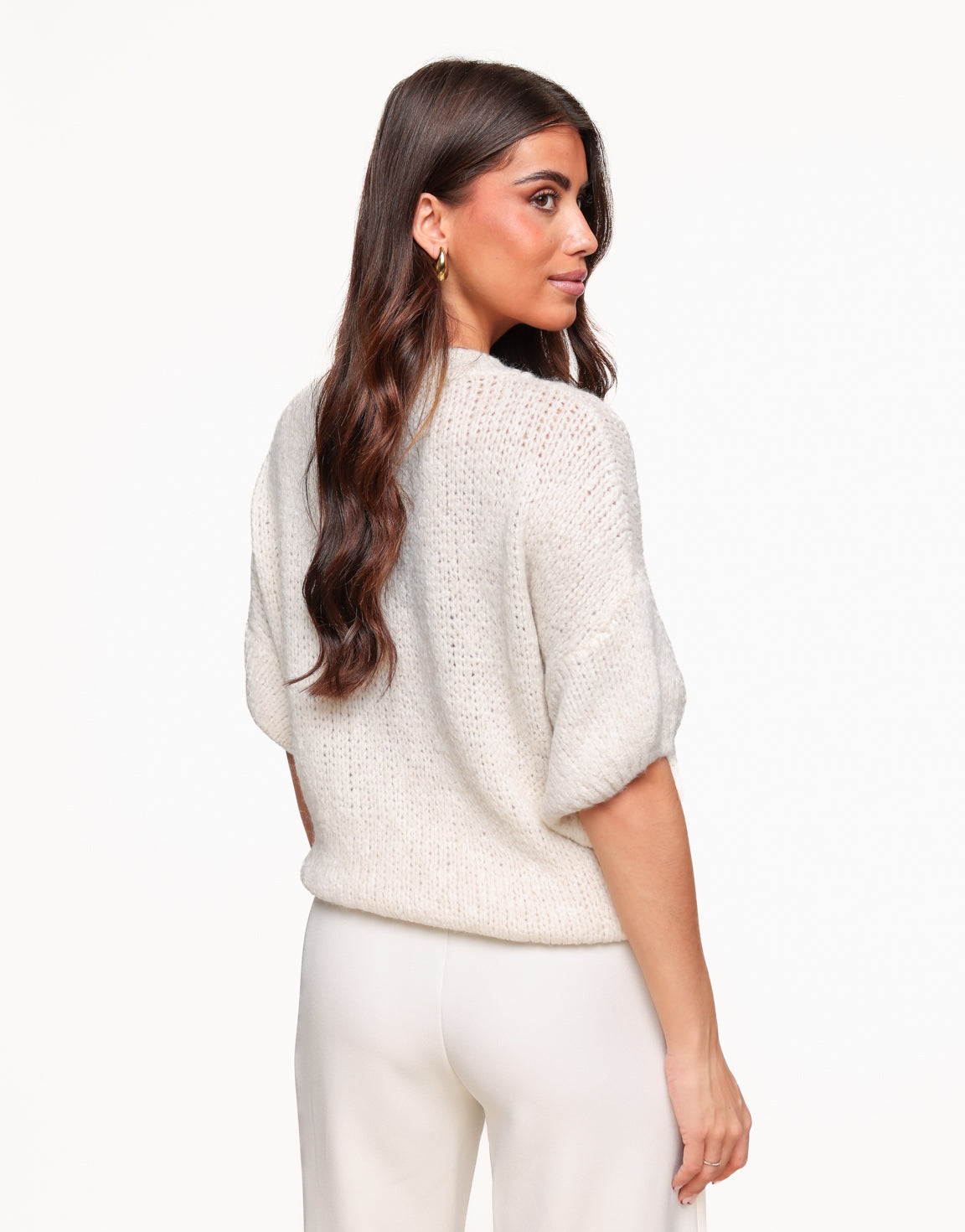 Creme Knitted Wool 3/4 Sleeve - Sweater