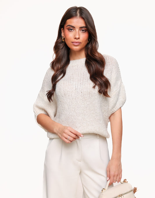 Creme Knitted Wool 3/4 Sleeve - Sweater