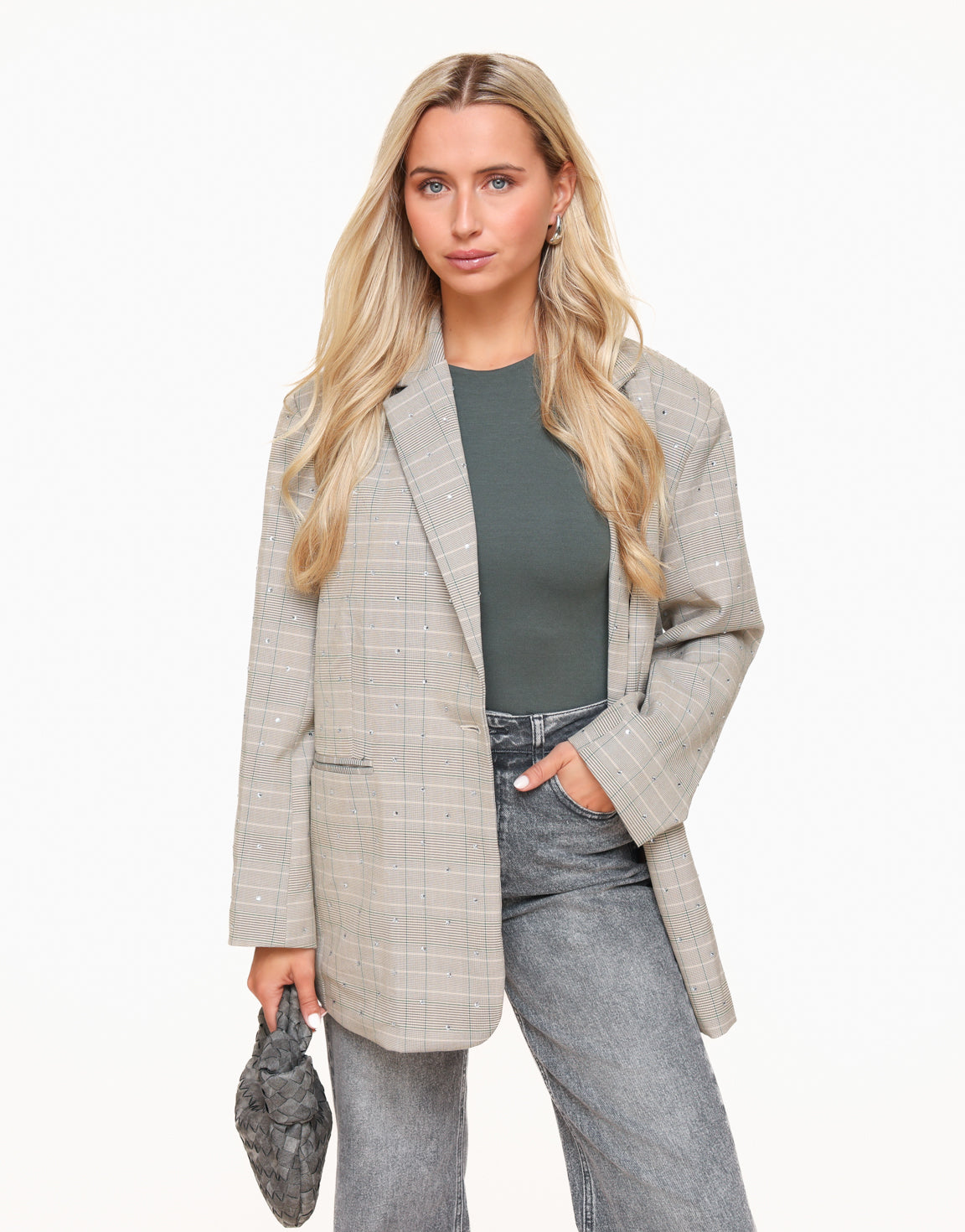 Beige Checked Glitter Stones - Blazer