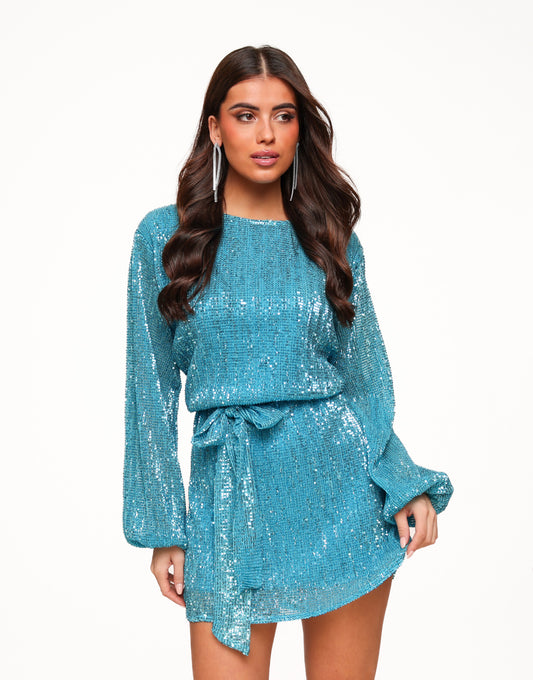 Blue Sequin Belt LS - Dress