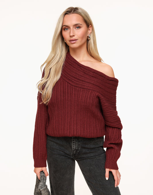 Red Off Shoulder Knitted - Sweater