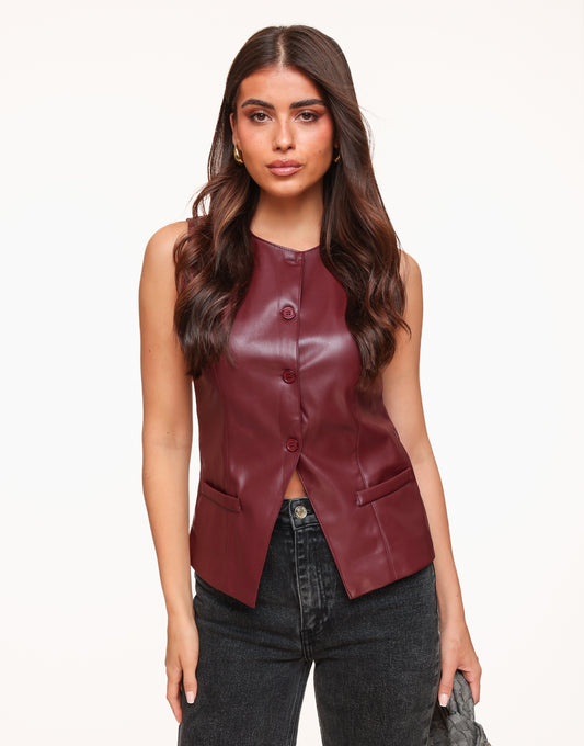 Bordeaux PU Leather High Buttons - Gilet