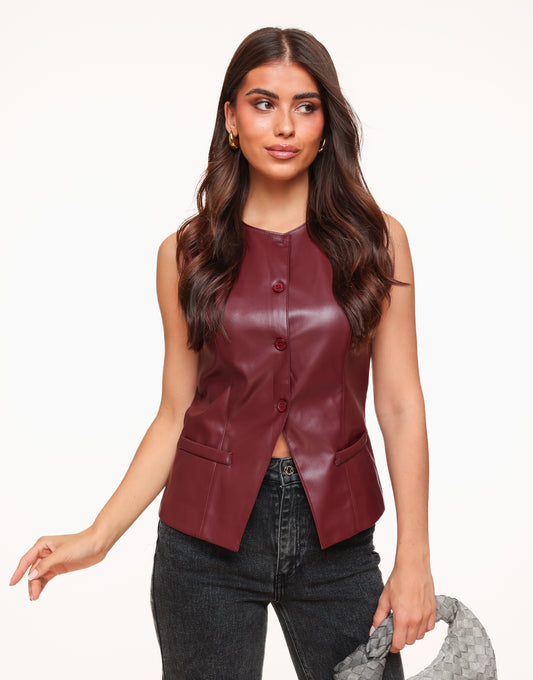 Bordeaux PU Leather High Buttons - Gilet