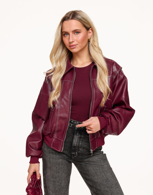 Burgundy Red PU Leather Wide - Jacket