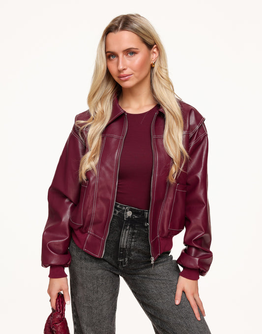 Burgundy Red PU Leather Wide - Jacket