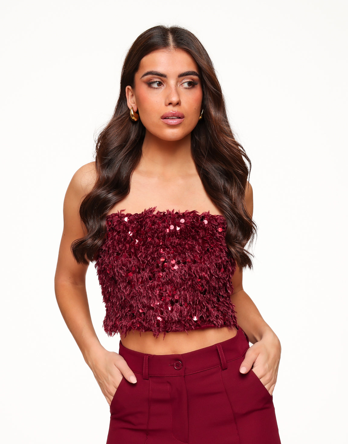 Bordeaux Strapless Feather Paillettes - Top