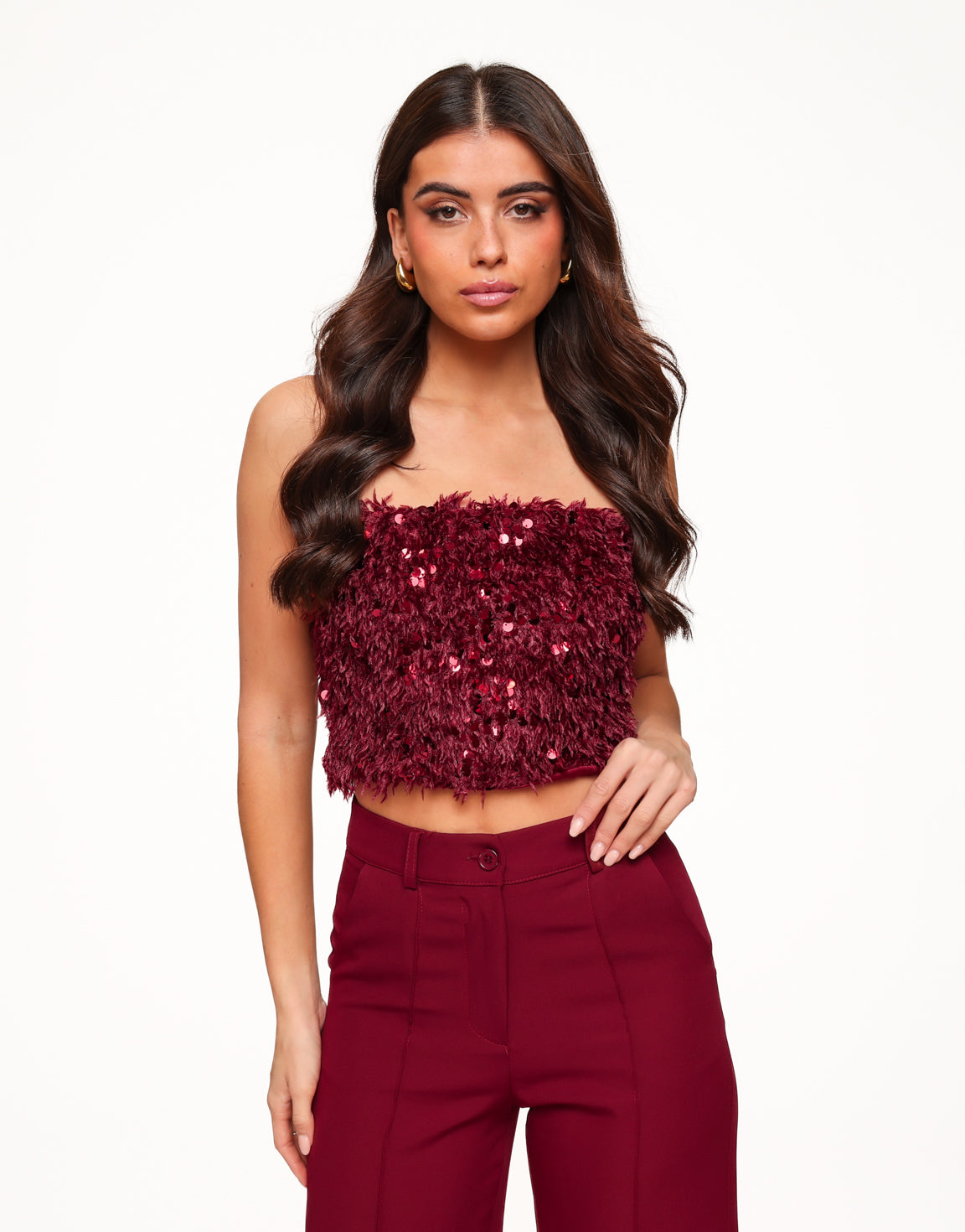 Bordeaux Strapless Feather Paillettes - Top