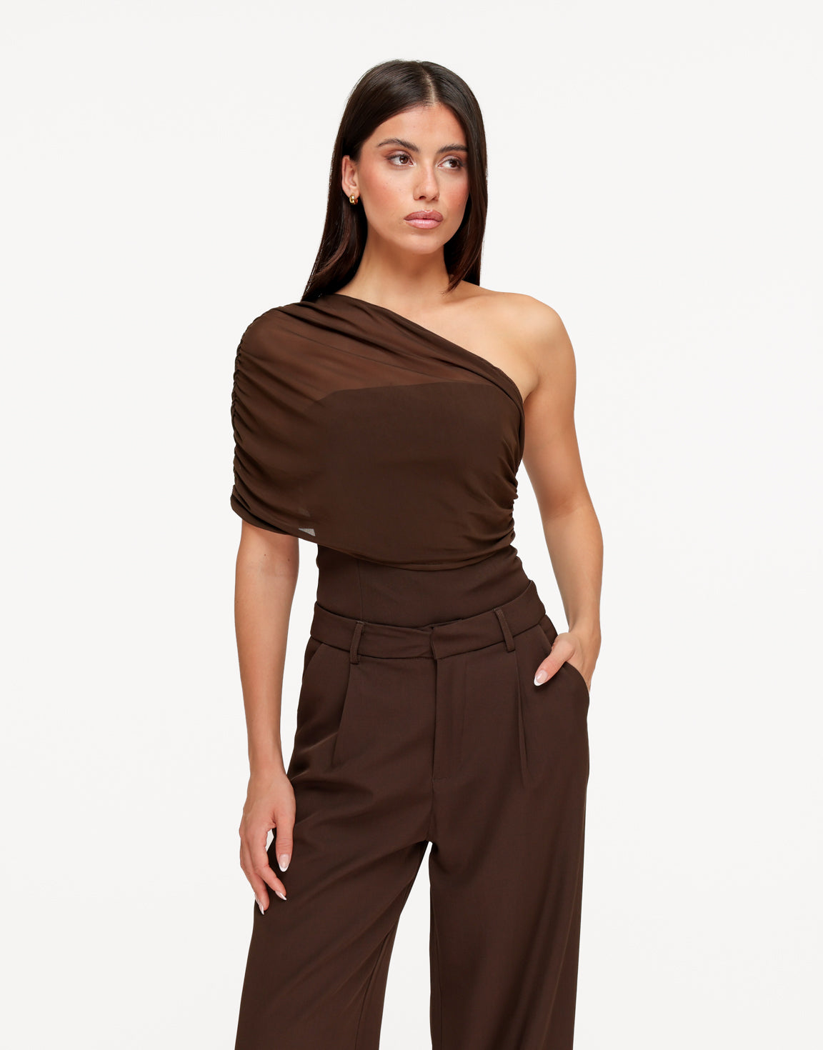 KLEDING-BRUINE-GEDRAPEERDE-MESH-TOP