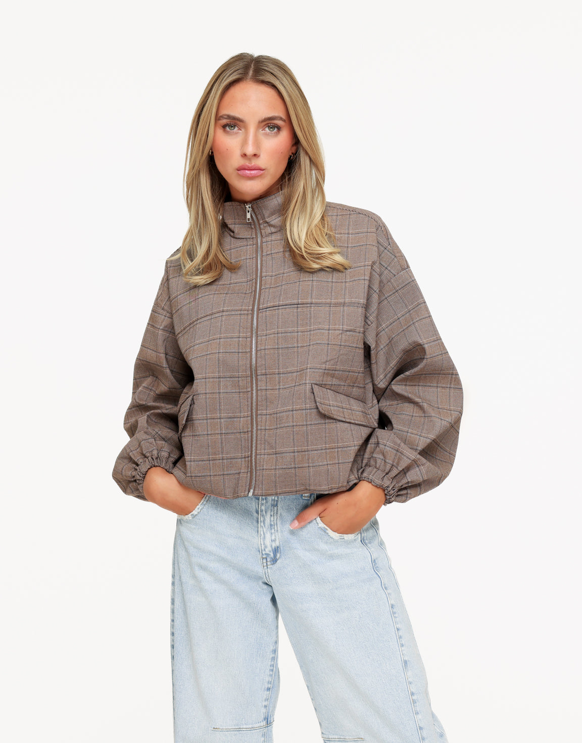 Bruine Luxe Geruiten Puffy Elastische Onderkant - Jas