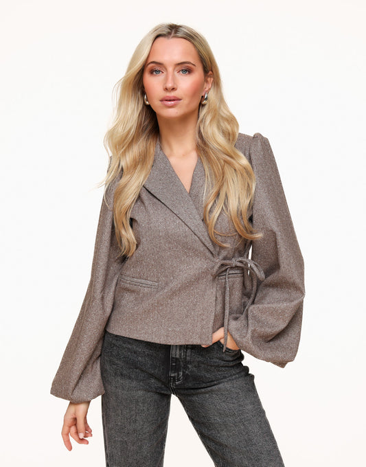 Brown Glitter Stone Puff Sleeve Wrap - Blazer