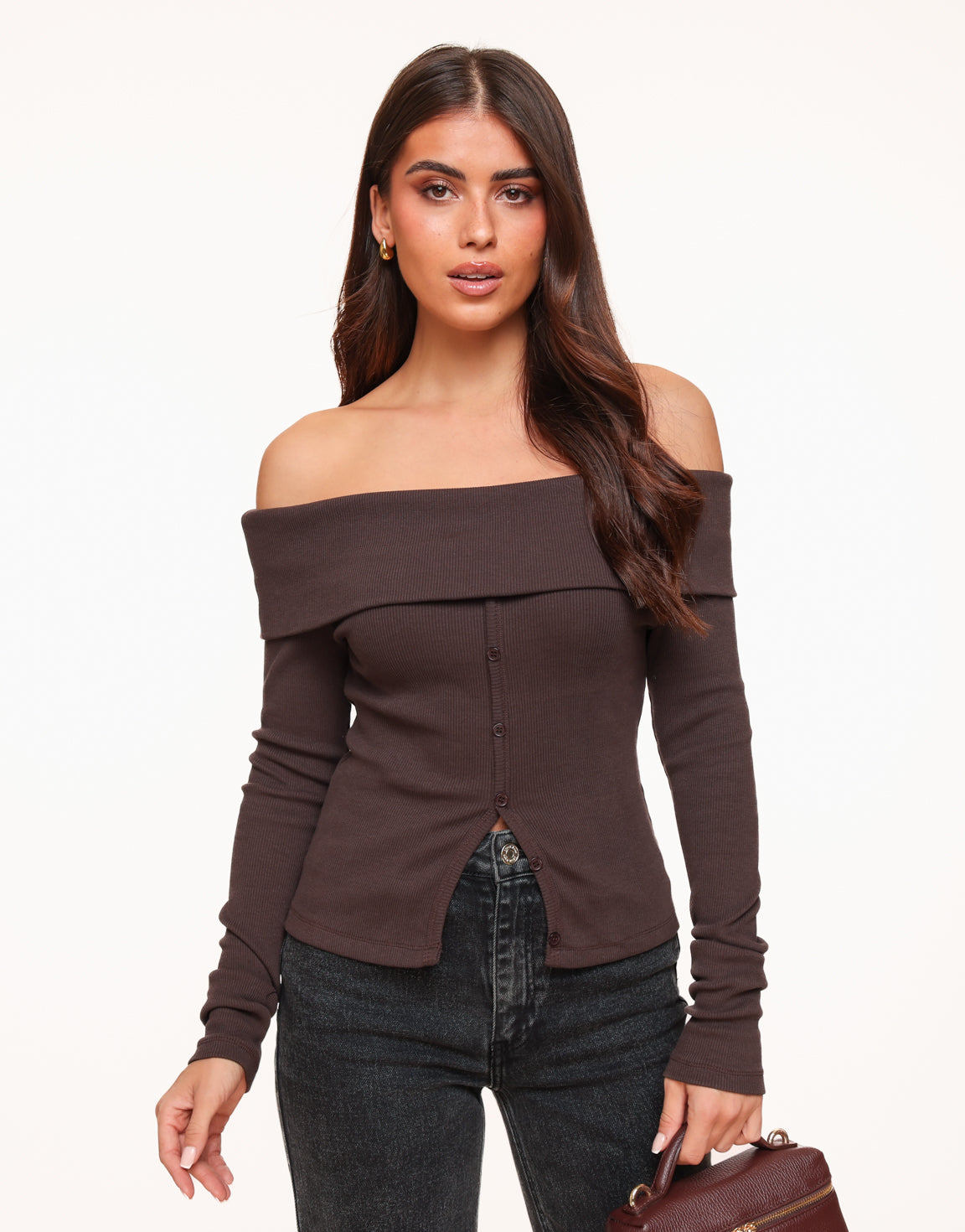 Donkerbruine Off Shoulder Knopen LS - Top