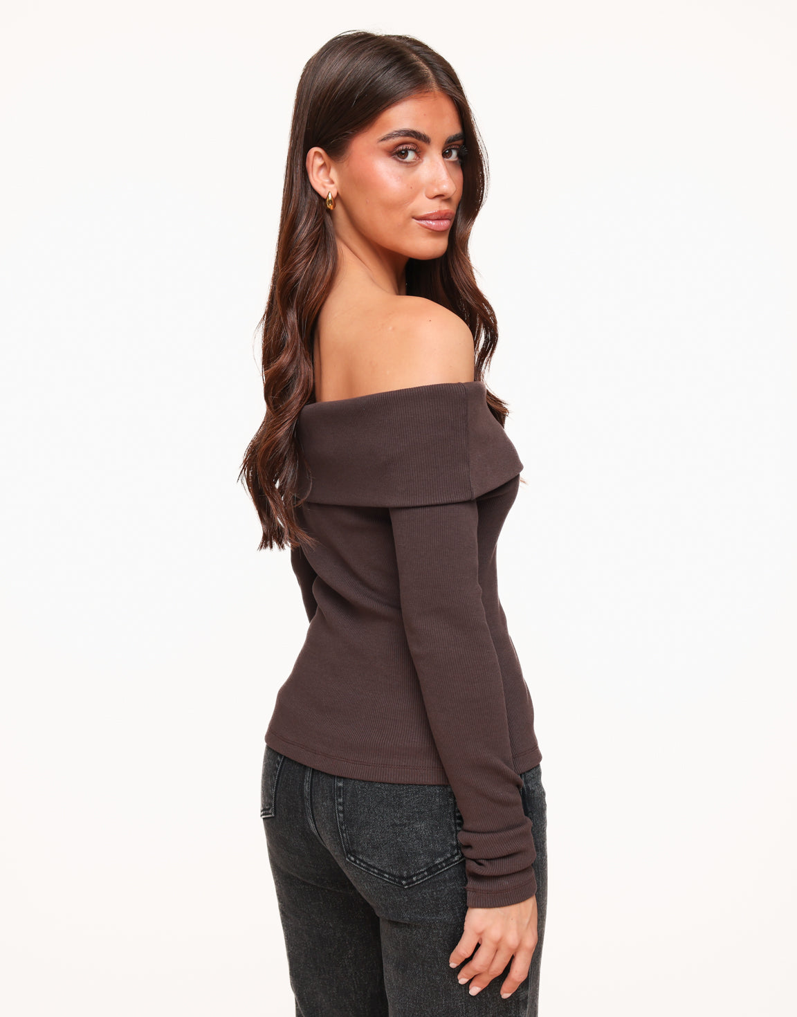 Donkerbruine Off Shoulder Knopen LS - Top