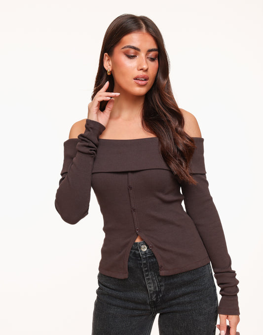 Dark Brown Off Shoulder Buttons LS - Top