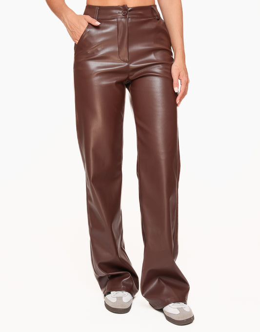 Brown PU Leather Wide - Trousers