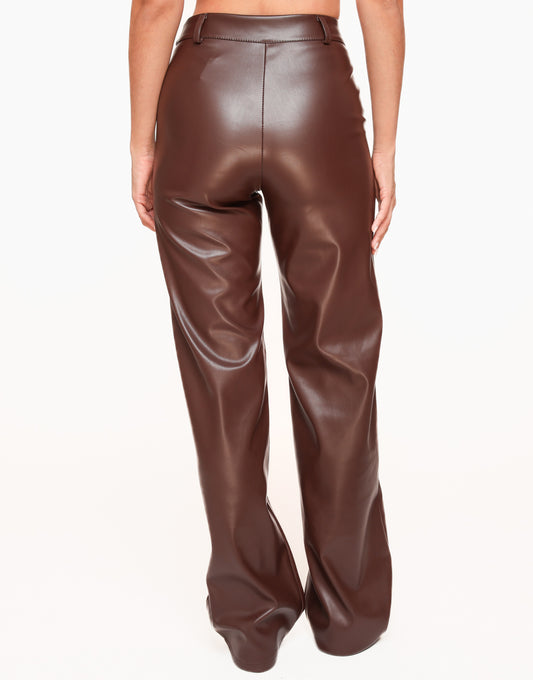 Brown PU Leather Wide - Trousers