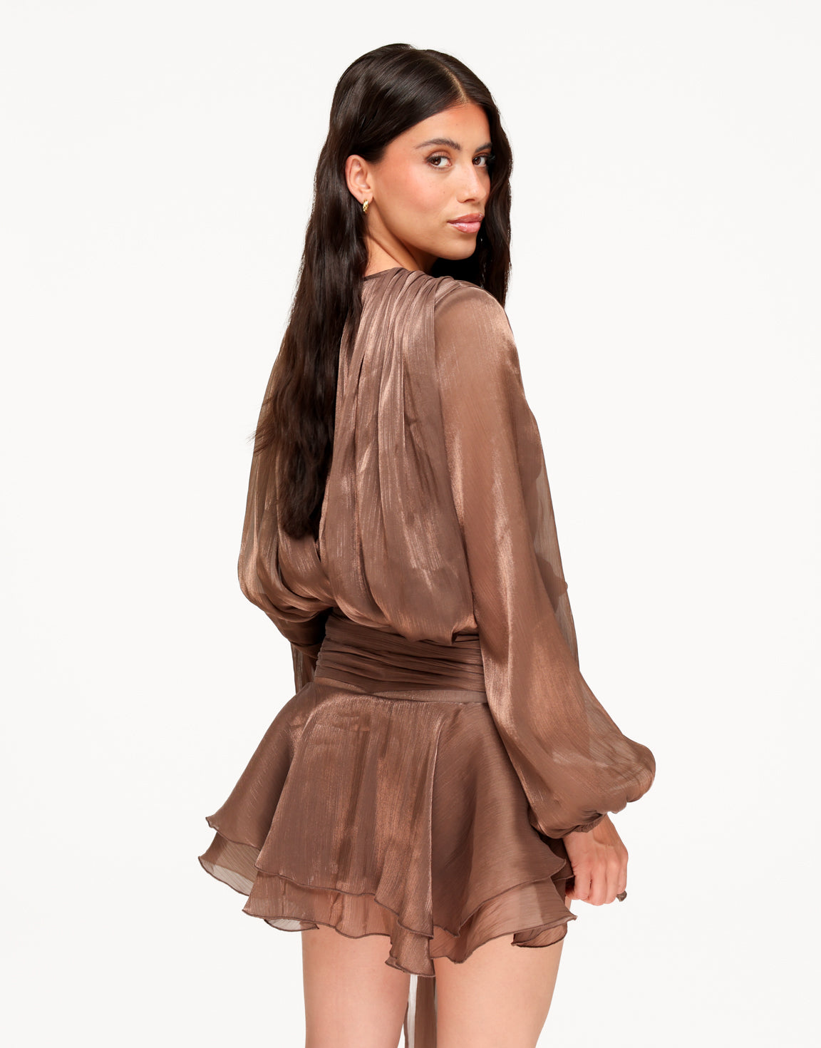 KLEDING-BRUINE-SATIJNEN-GEDRAPEERDE-JURK-04