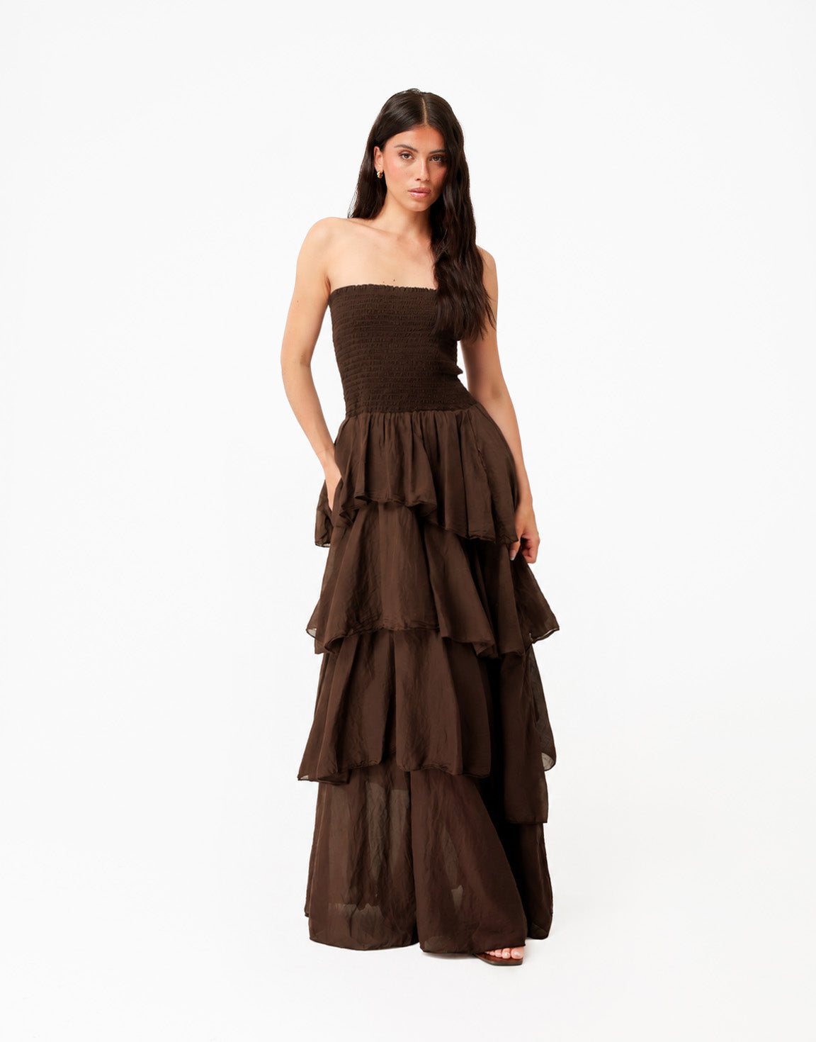 Donkerbruine Strapless Lange Maxi Ruffel - Jurk