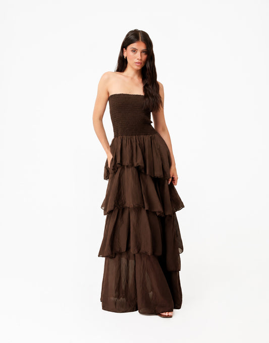 Donkerbruine Strapless Lange Maxi Ruffel - Jurk