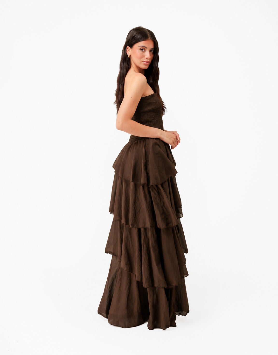 Donkerbruine Strapless Lange Maxi Ruffel - Jurk