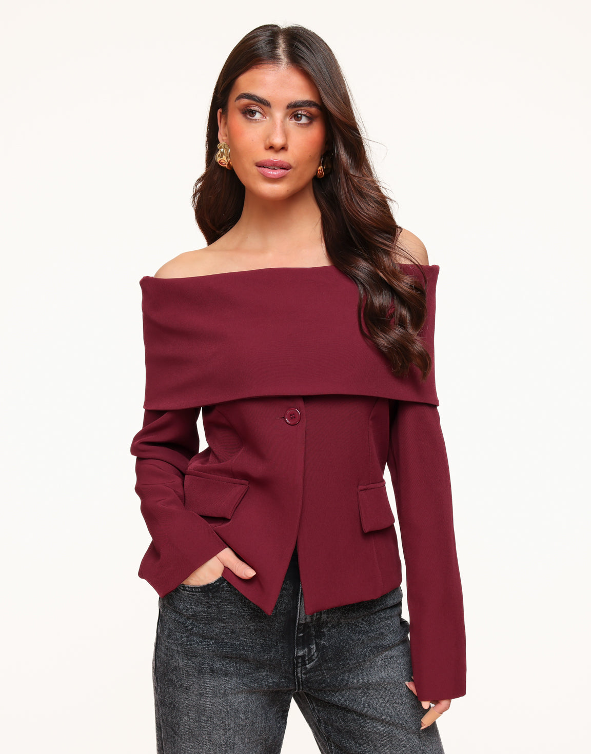 Bordeaux F/W Edit Off Shoulder Blazer - Top