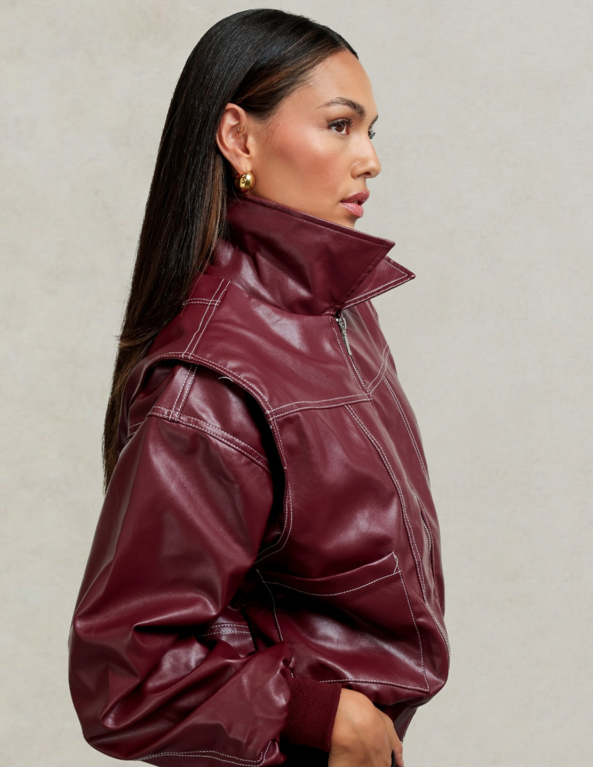 Burgundy Rode PU Leren Wijde - Jas